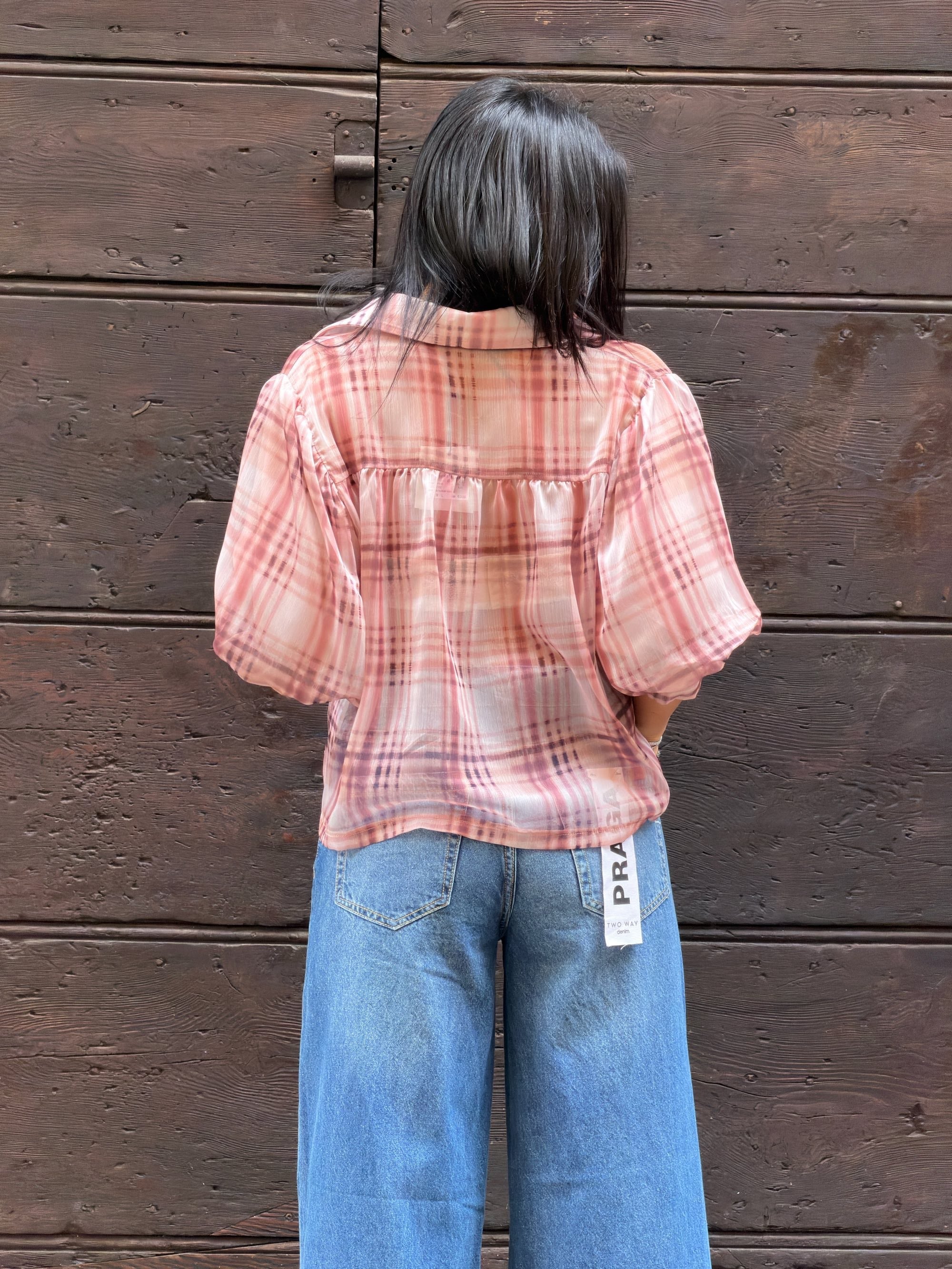 Camicia manica palloncino check rose