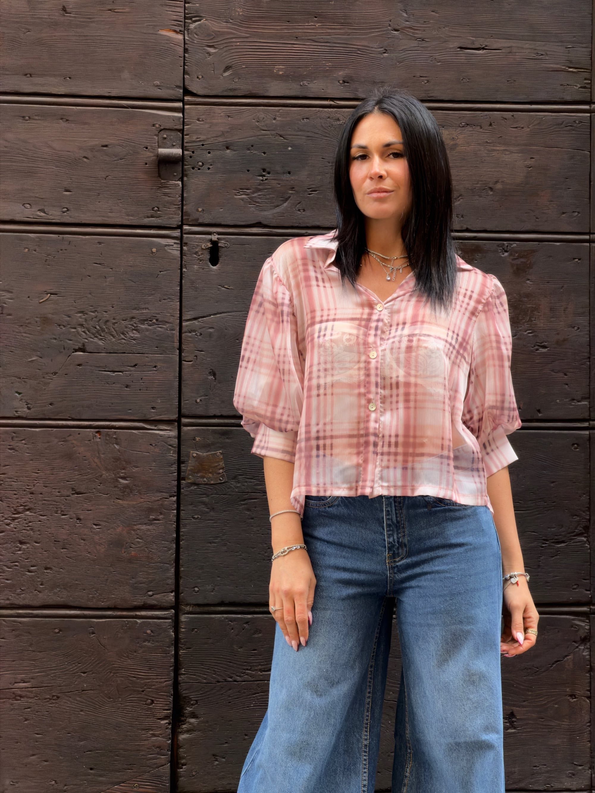 Camicia manica palloncino check rose