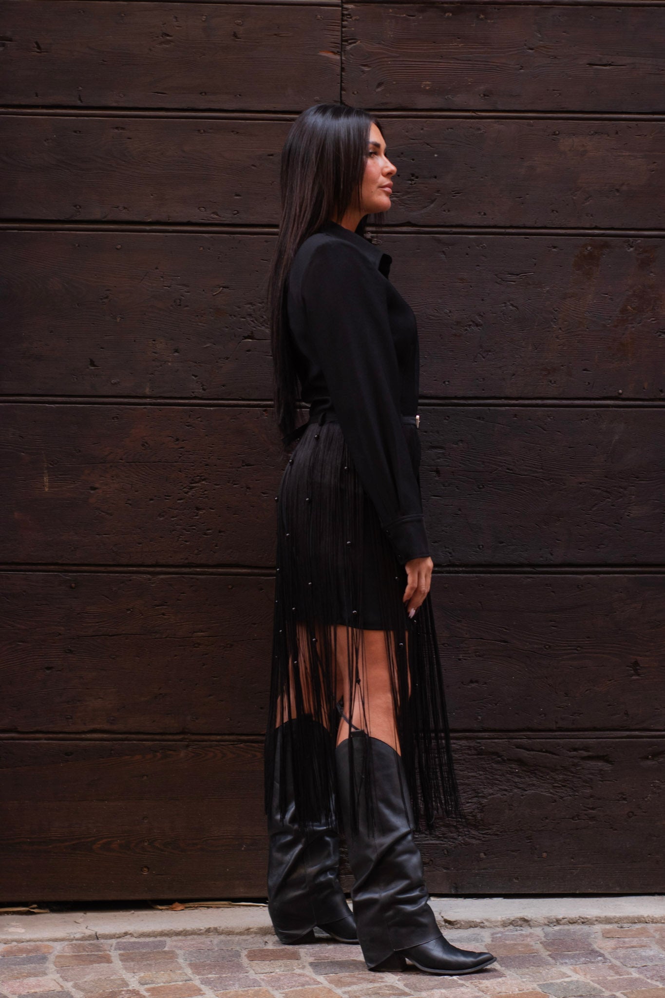 Abito Chemisier con cintura di frange e perle nero Isabelle Blanche