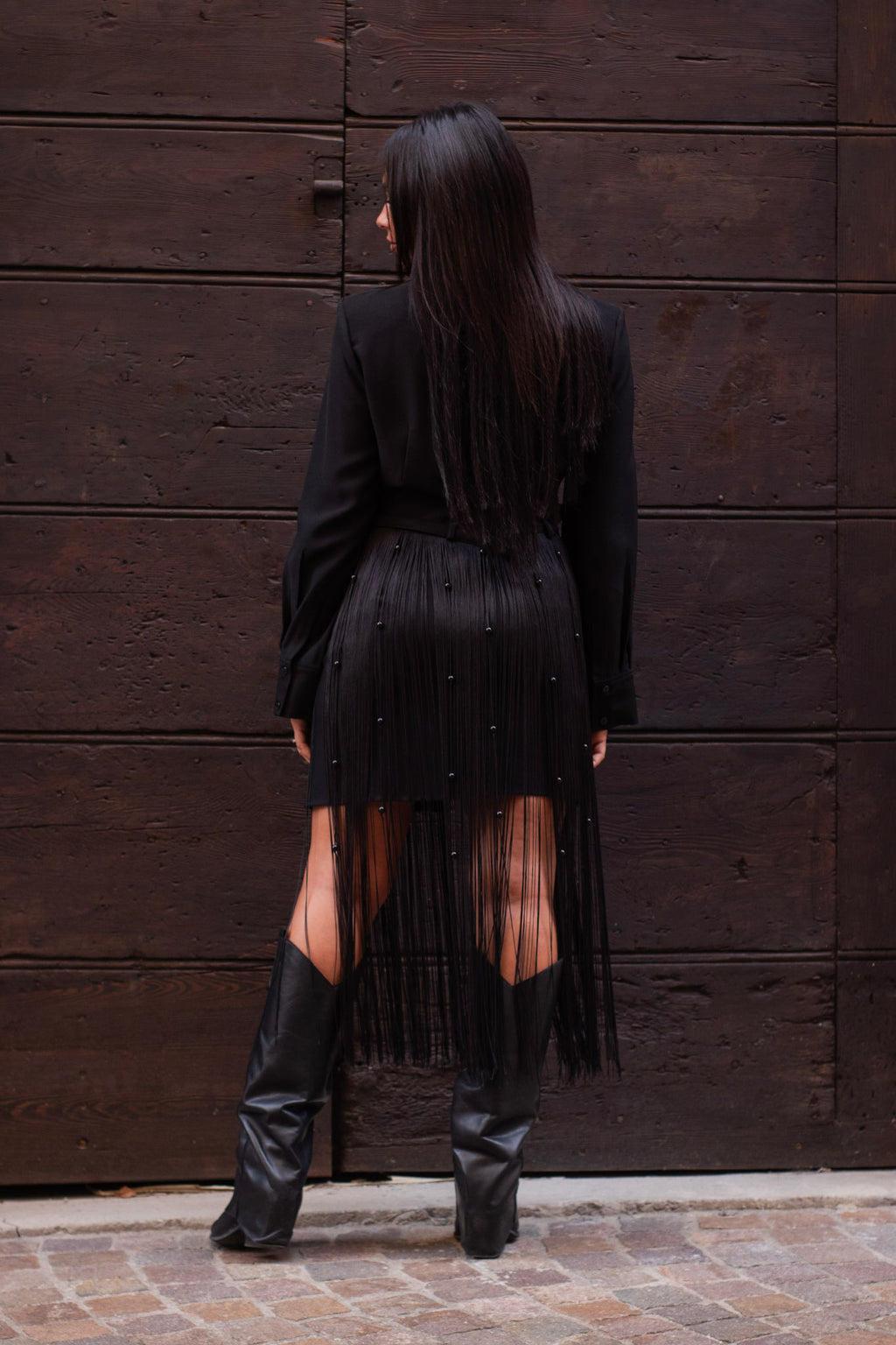 Abito Chemisier con cintura di frange e perle nero Isabelle Blanche