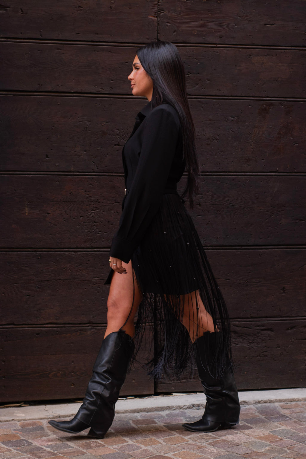 Abito Chemisier con cintura di frange e perle nero Isabelle Blanche